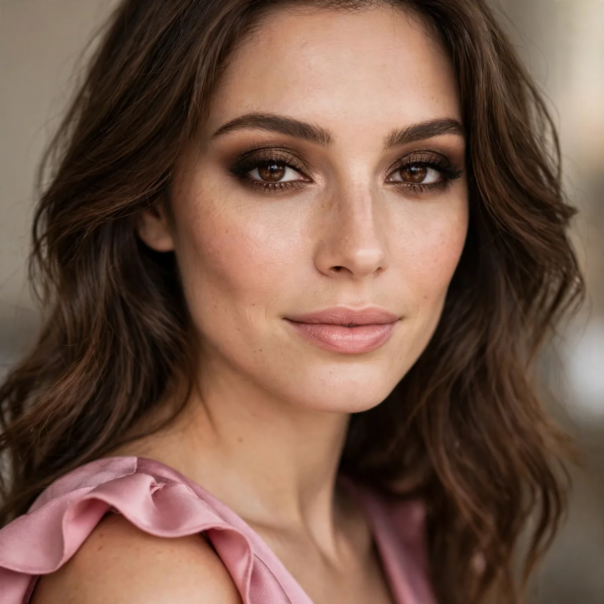Classic brown smokey eyeshadow timeless with a pink dress