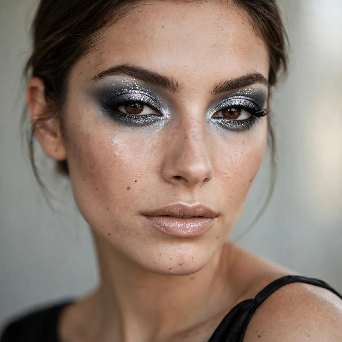 Silver smokey eyeshadow cool and dramatic with a black dress