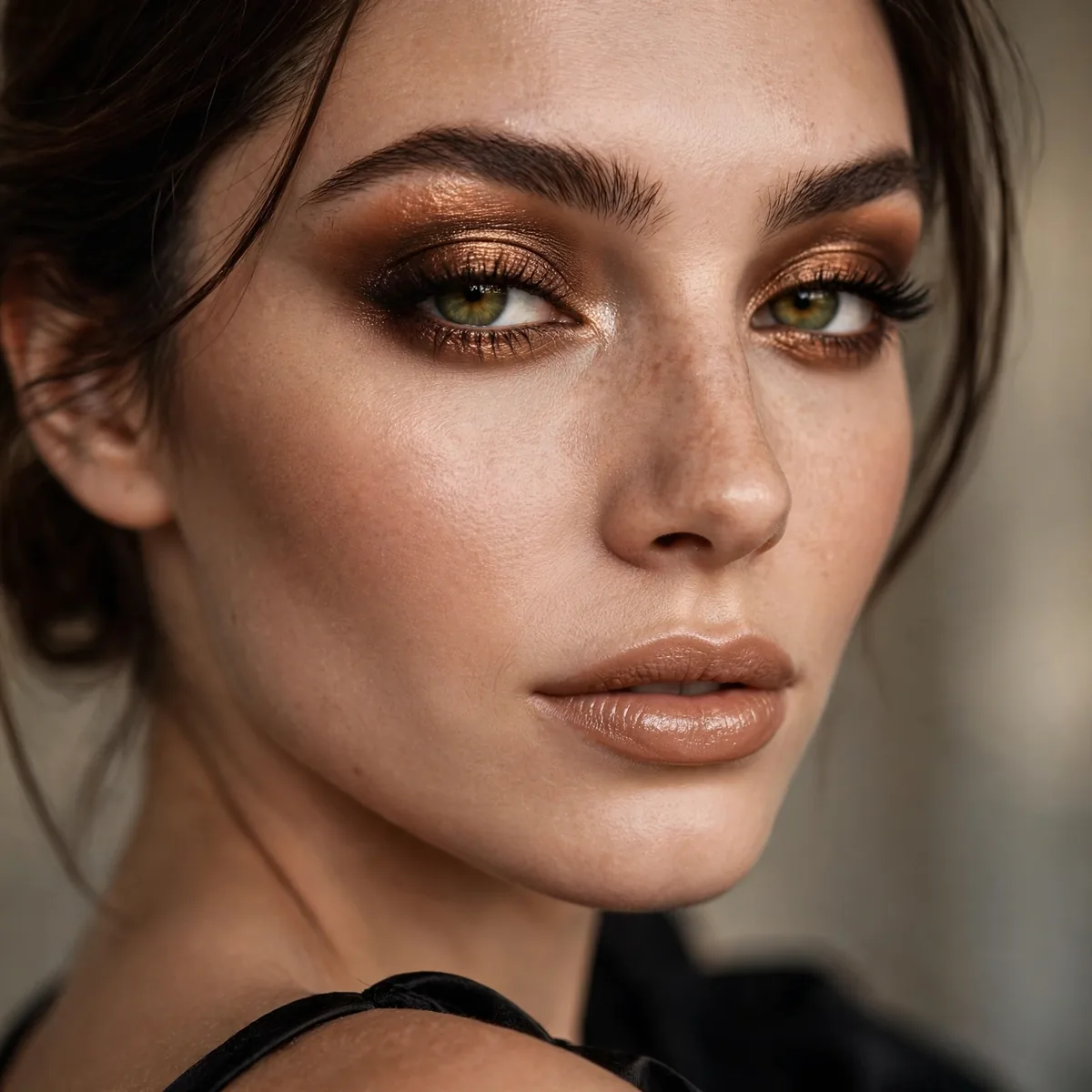 Dramatic bronze eyeshadow rich and warm with a black dress