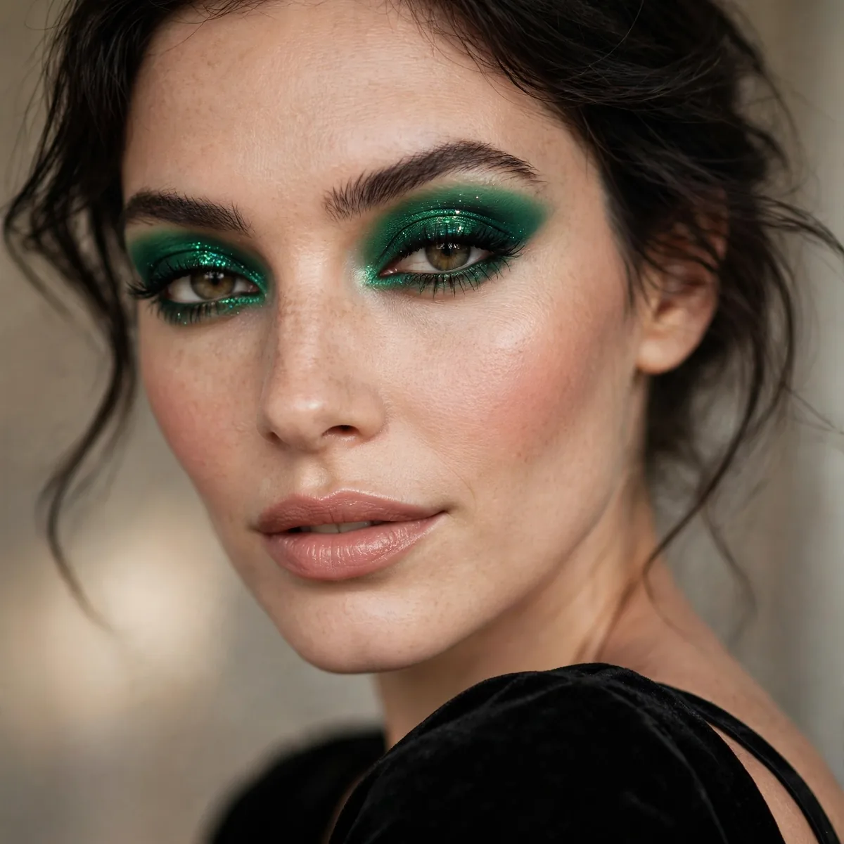 Emerald green eyeshadow bold jewel tone with a black dress