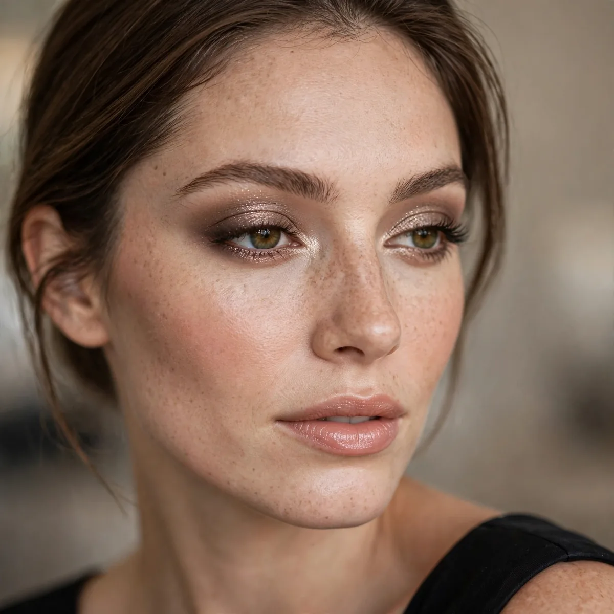 Shimmering taupe eyeshadow soft glamour with a black dress