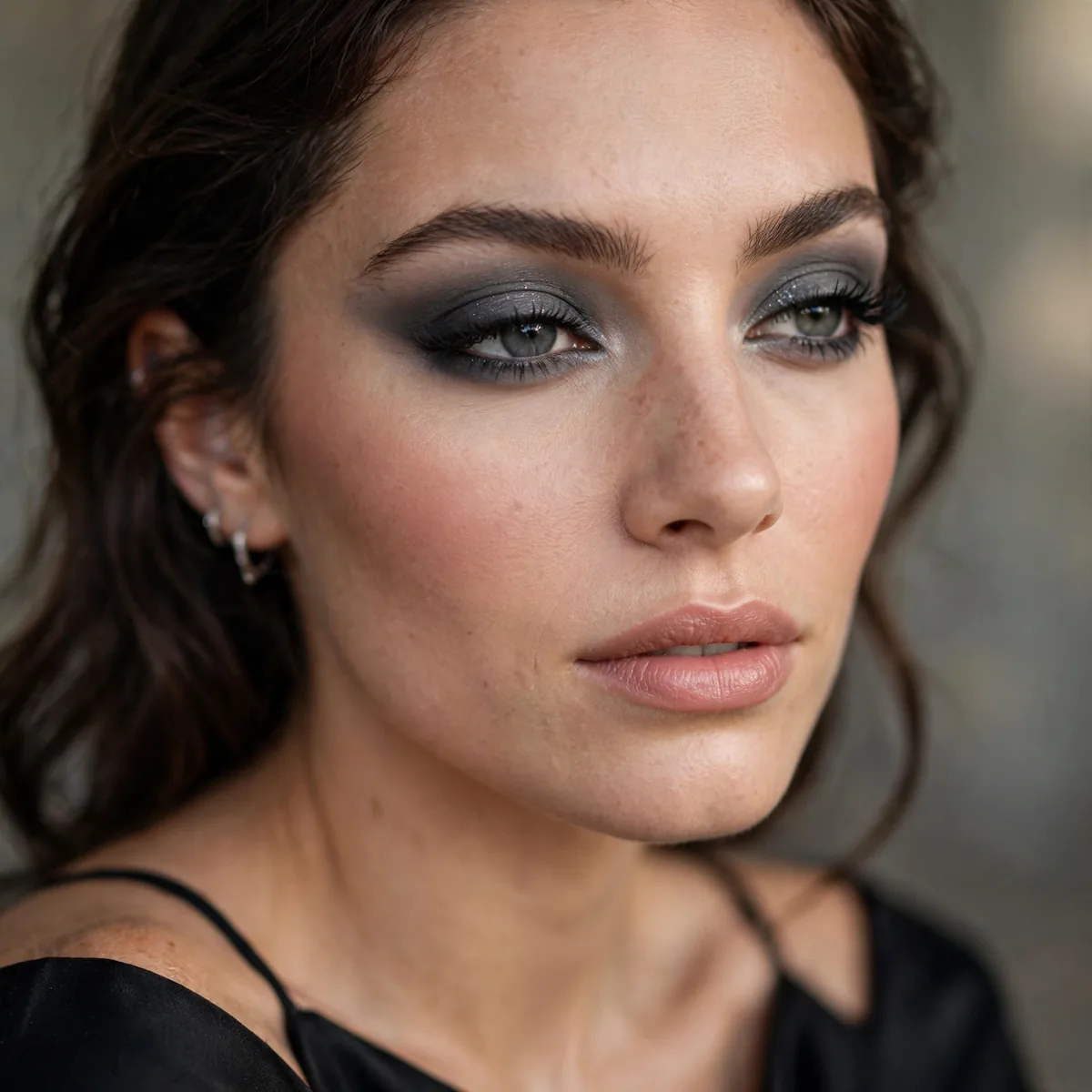 Smokey gray eyeshadow glamorous and cool with a black dress