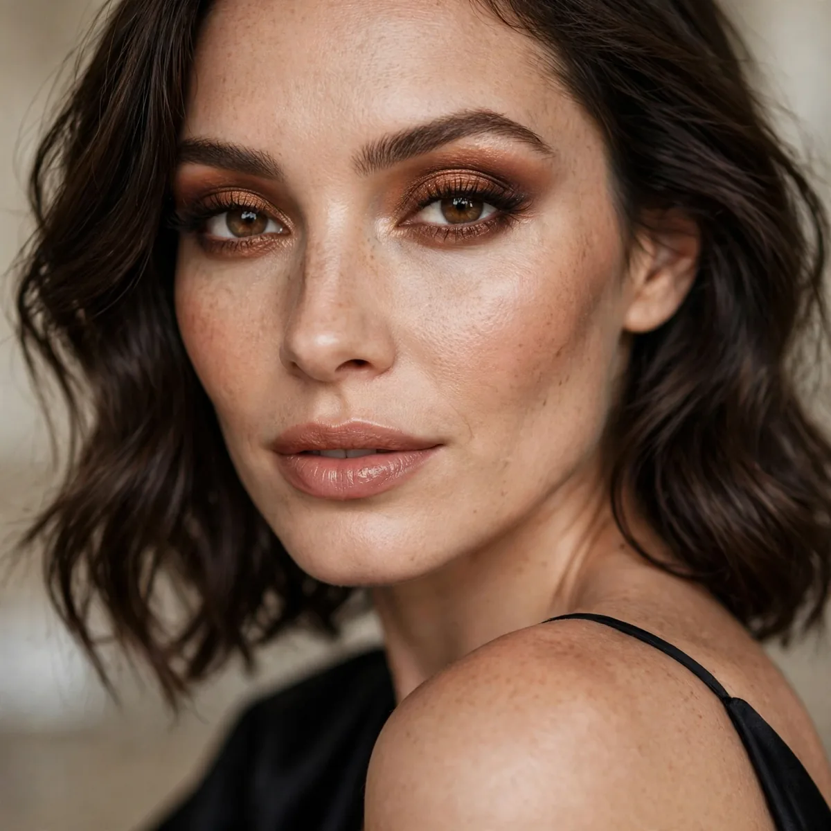 Luxurious warm brown eyeshadow rich with a black dress