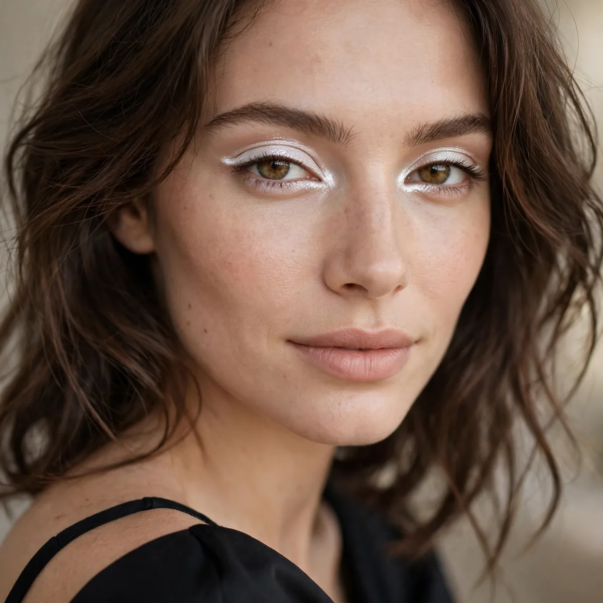 Pearl white eyeshadow accents brightening eyes with a black dress