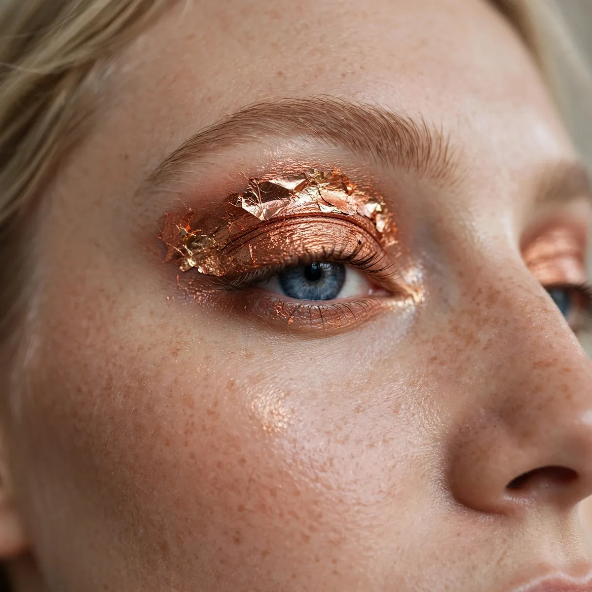 Copper foiled eyeshadow on blue eyes