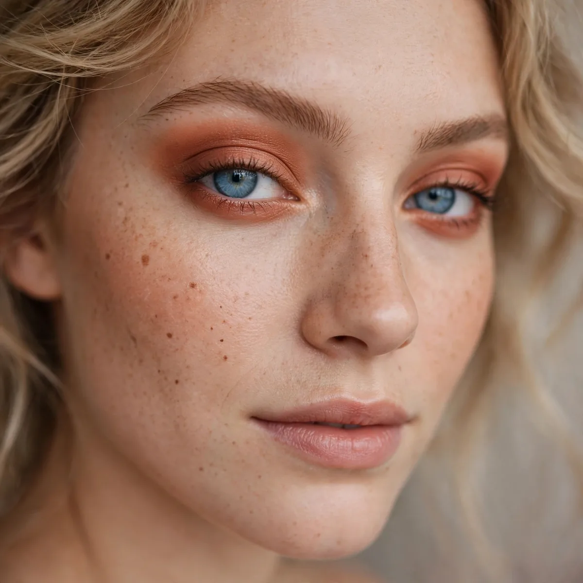 Terracotta eyeshadow blended on blue eyes