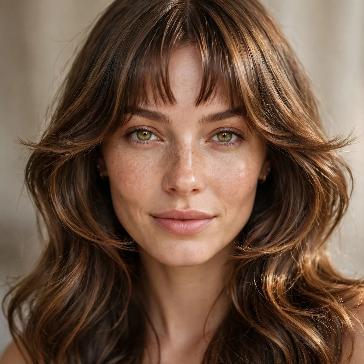Bottleneck bangs framing face