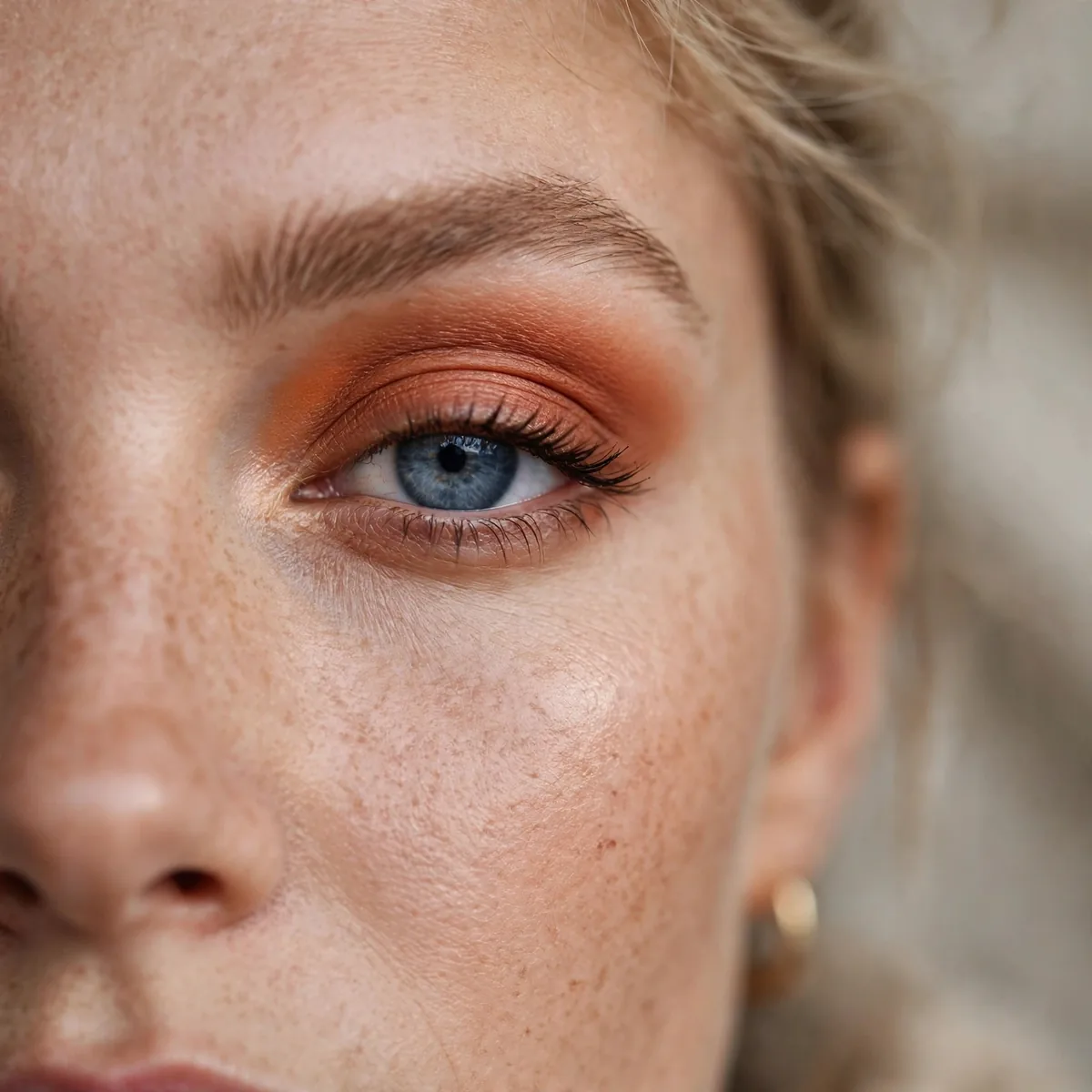 Terracotta eyeshadow in the crease warming blue eyes for fall