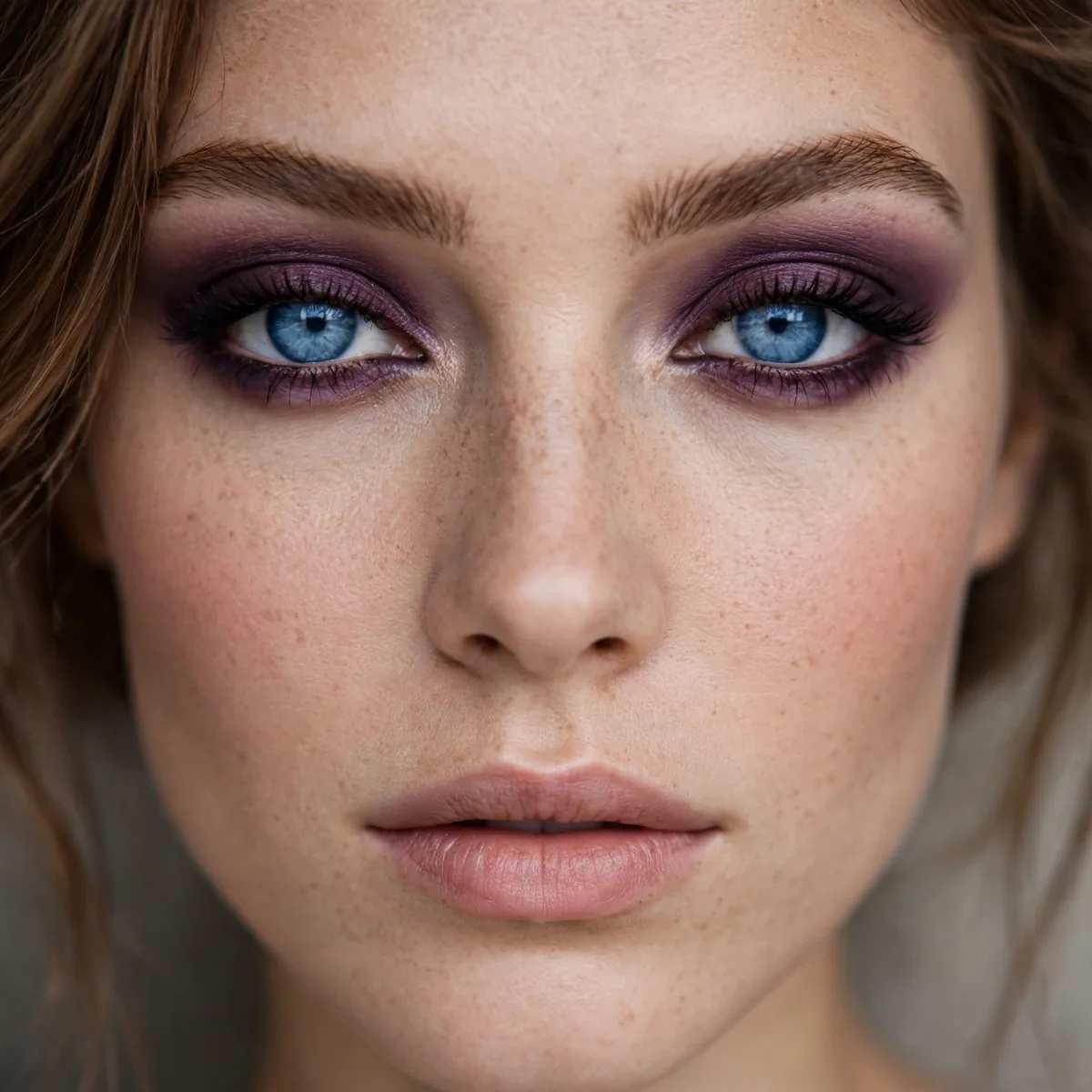 Plum smokey eyeshadow contrasting beautifully with blue eyes
