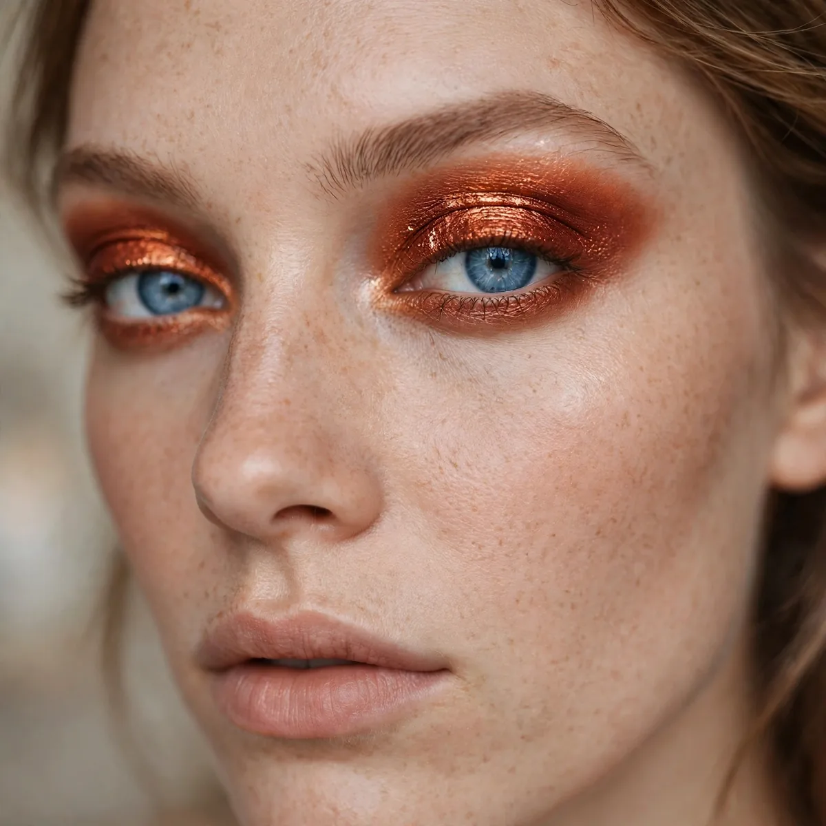 Rust colored foil eyeshadow intense on blue eyes for fall