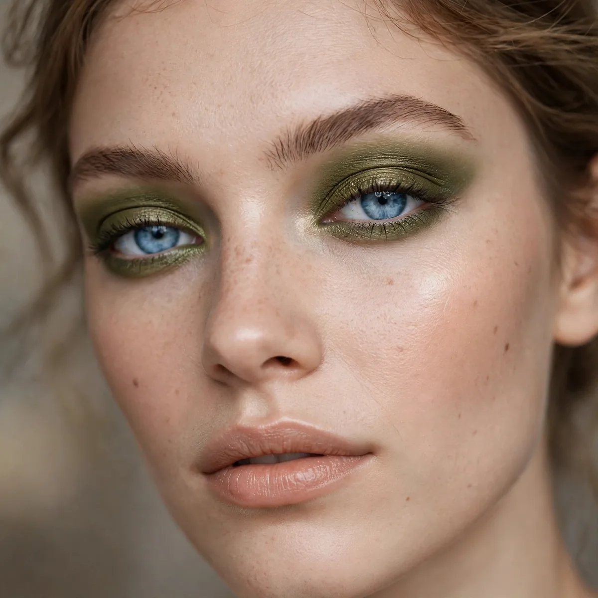 Olive green eyeshadow unexpected contrast making blue eyes stand out