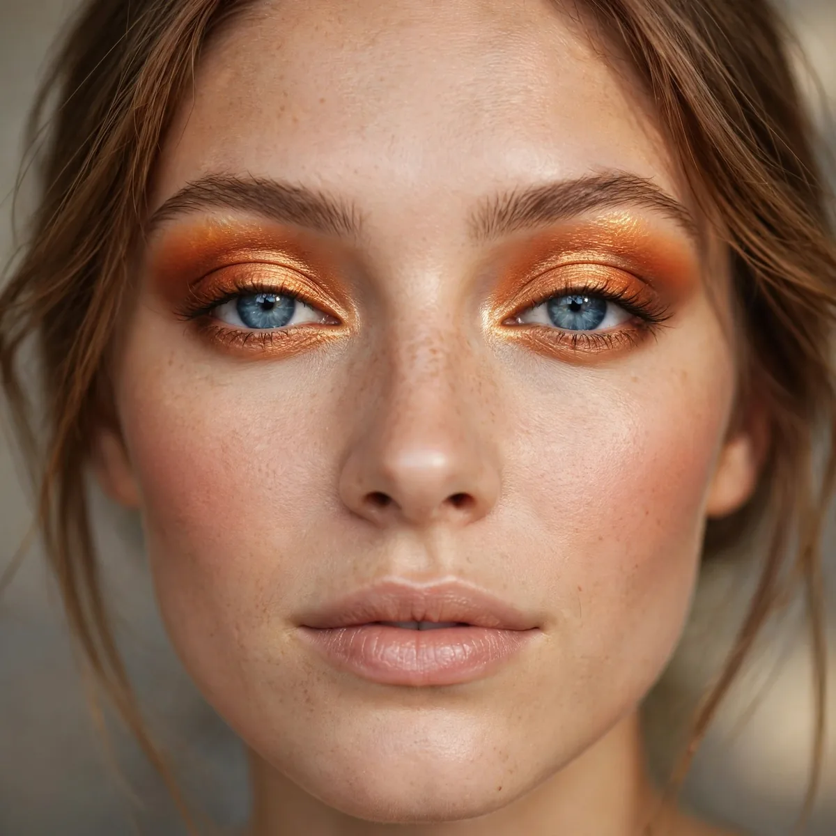 Maple toned eyeshadow glowing like autumn leaves on blue eyes