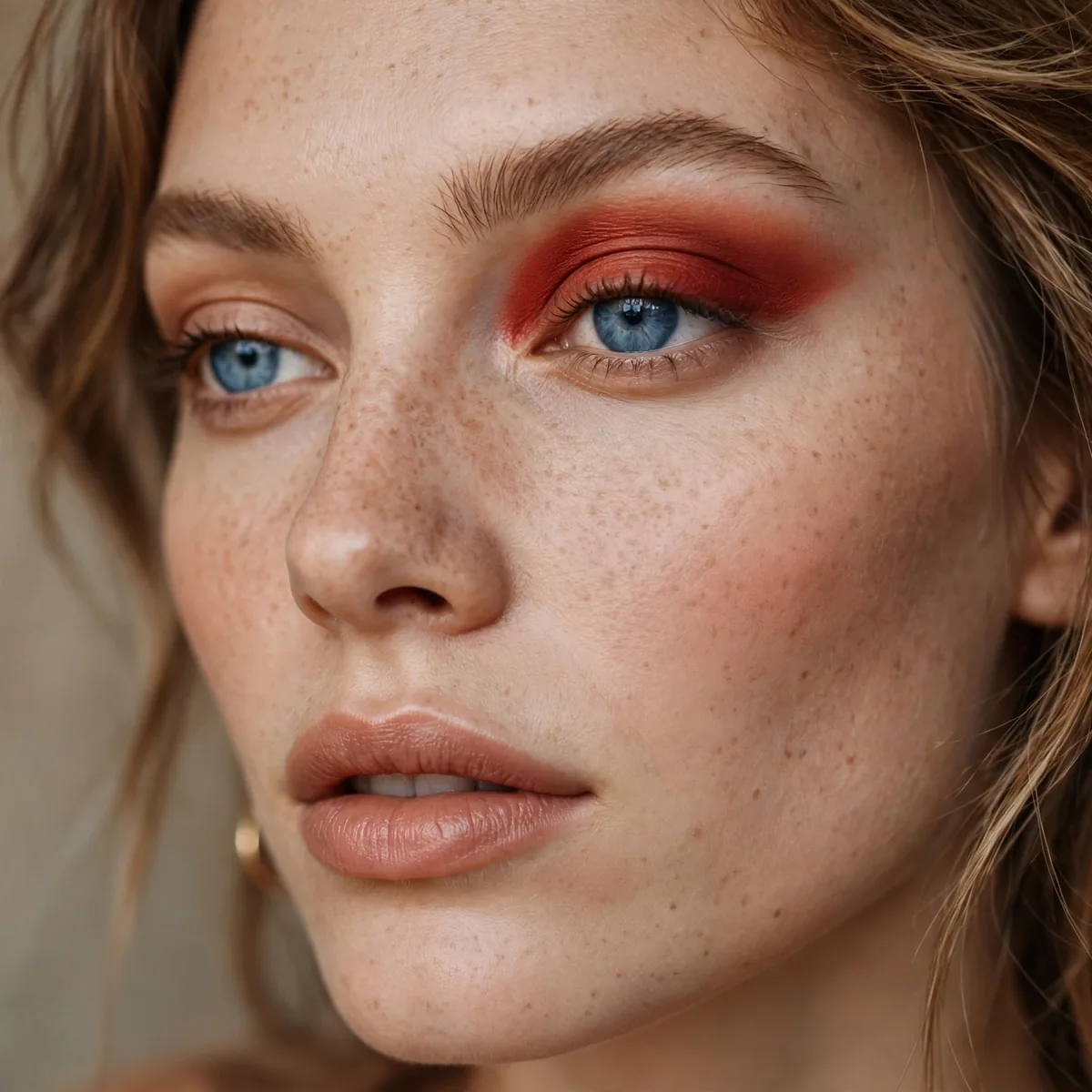 Brick red eyeshadow accent bold on blue eyes for fall