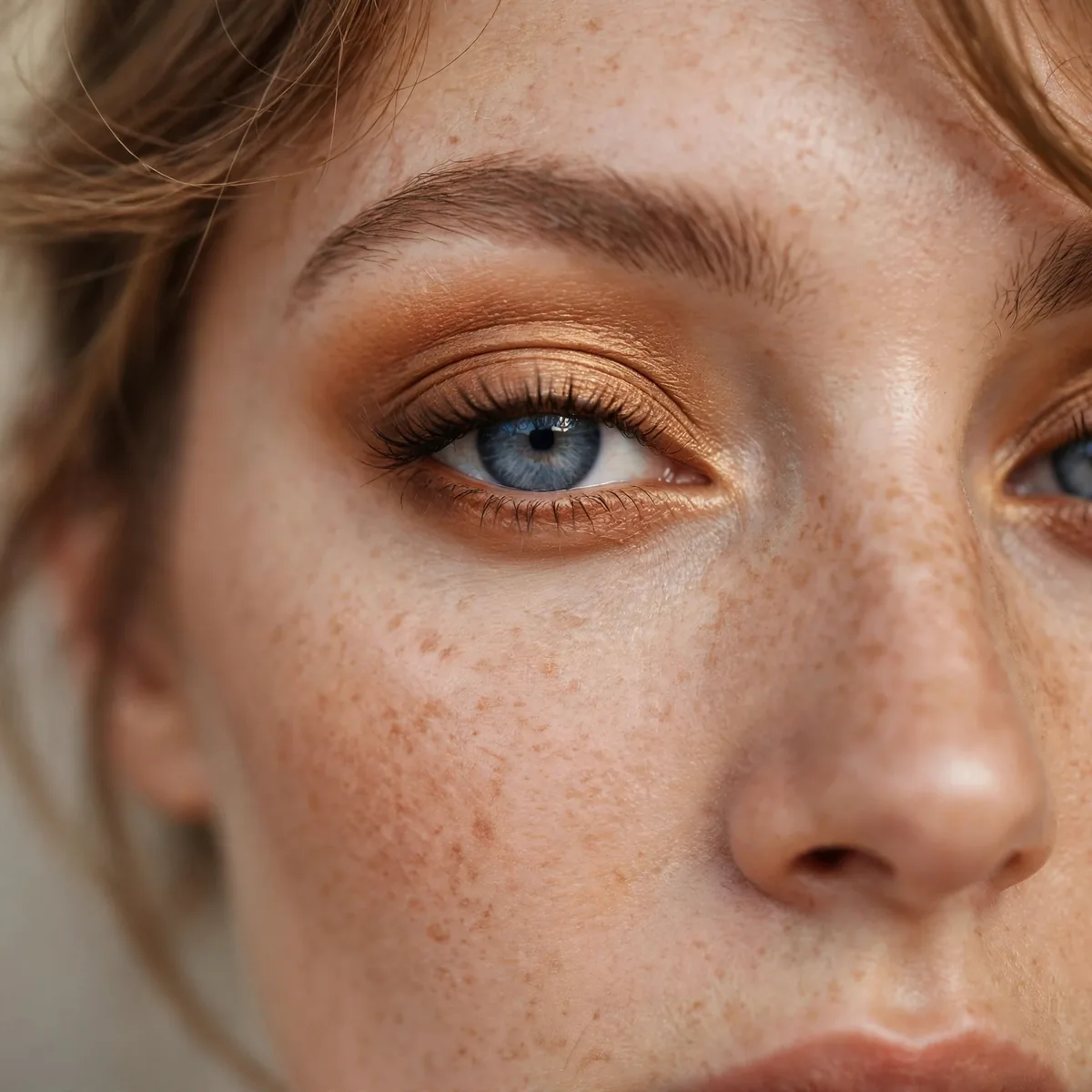 Caramel eyeshadow blended sweetly on blue eyes for fall