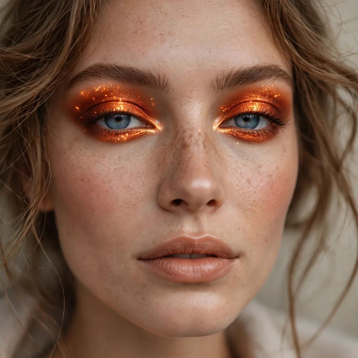 Ember orange eyeshadow glowing like fire on blue eyes