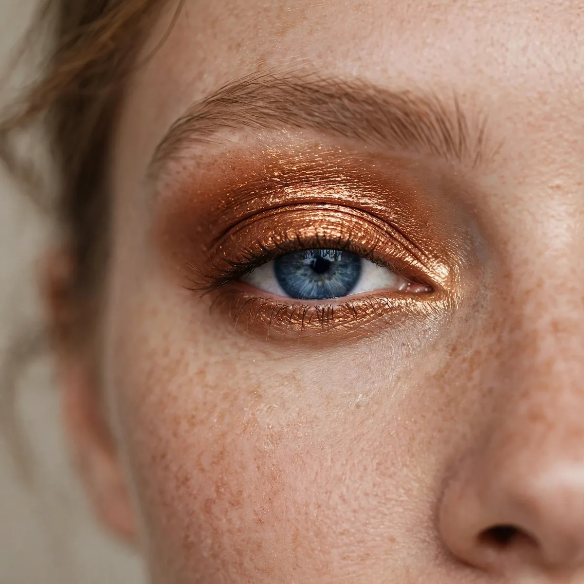 Gilded copper eyeshadow luxurious finish on blue eyes for fall