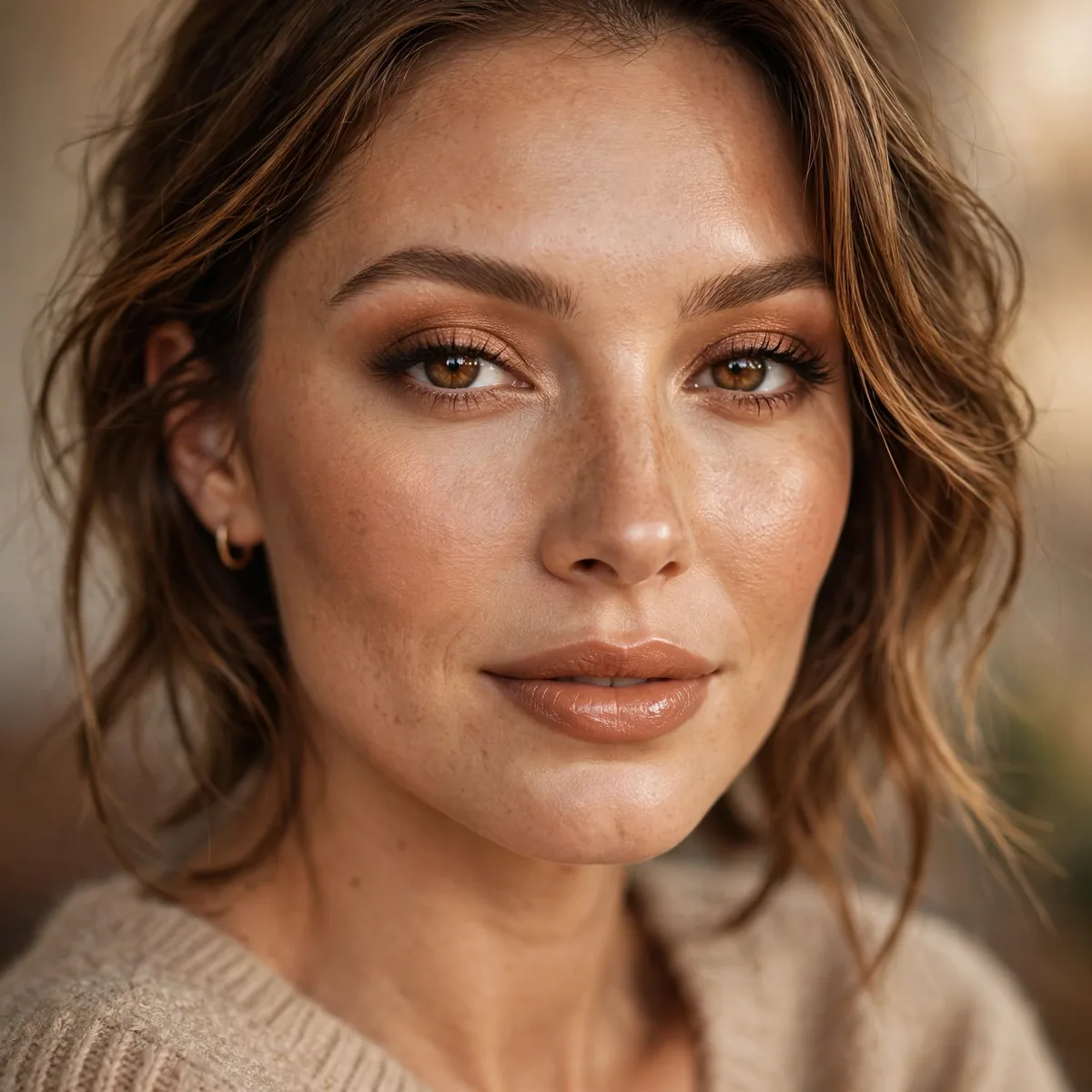 Warm nude glamorous makeup look perfect for fall