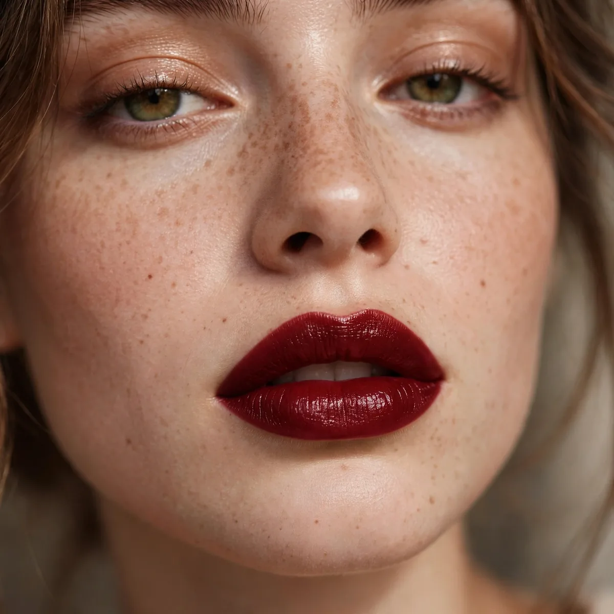 Deep oxblood red lipstick as the focus of a fall look