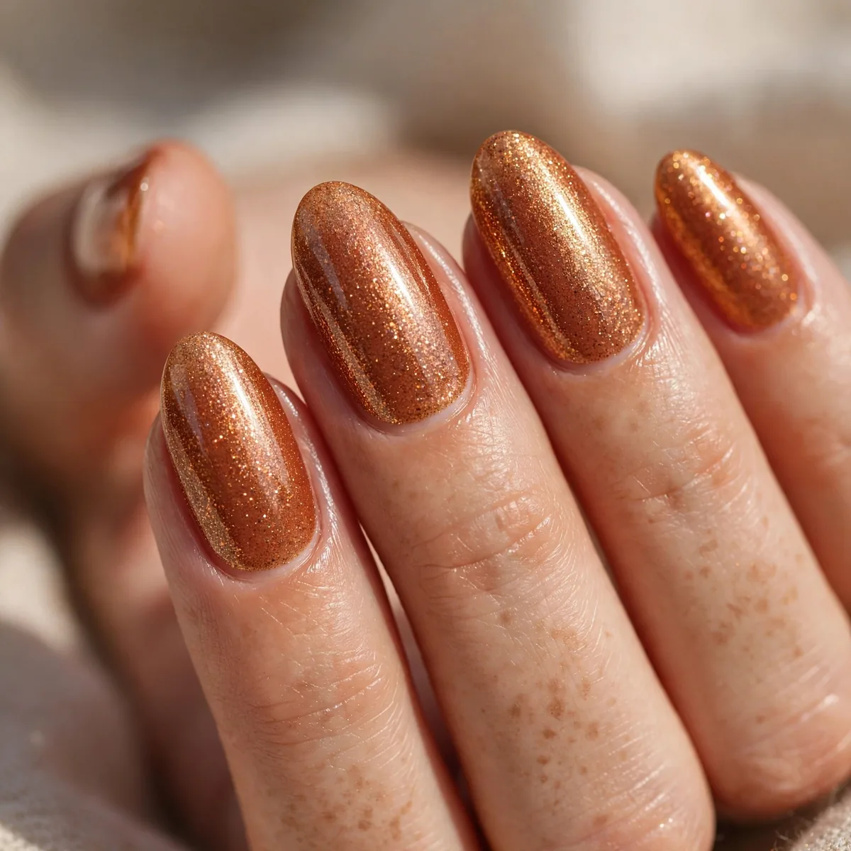 Shimmery pumpkin spice nails