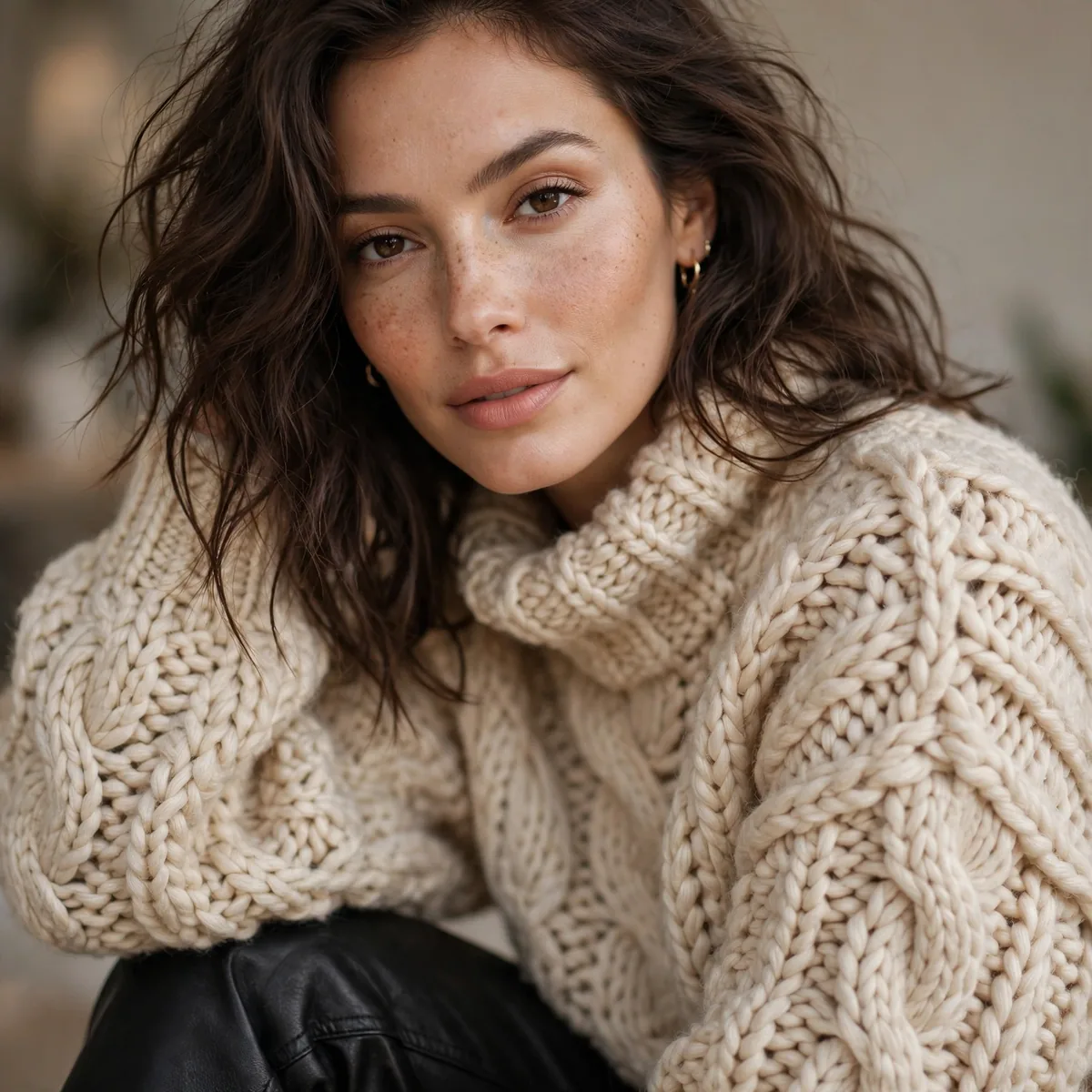 Chunky sweater with leather pants