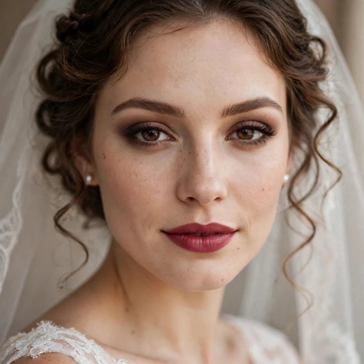 Bride with a classic berry lip and soft brown smokey eyes