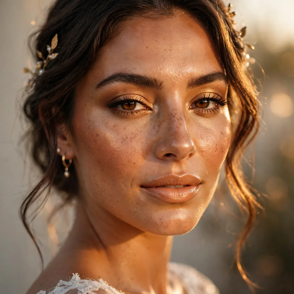 Bride with glowing bronzed skin and warm golden makeup