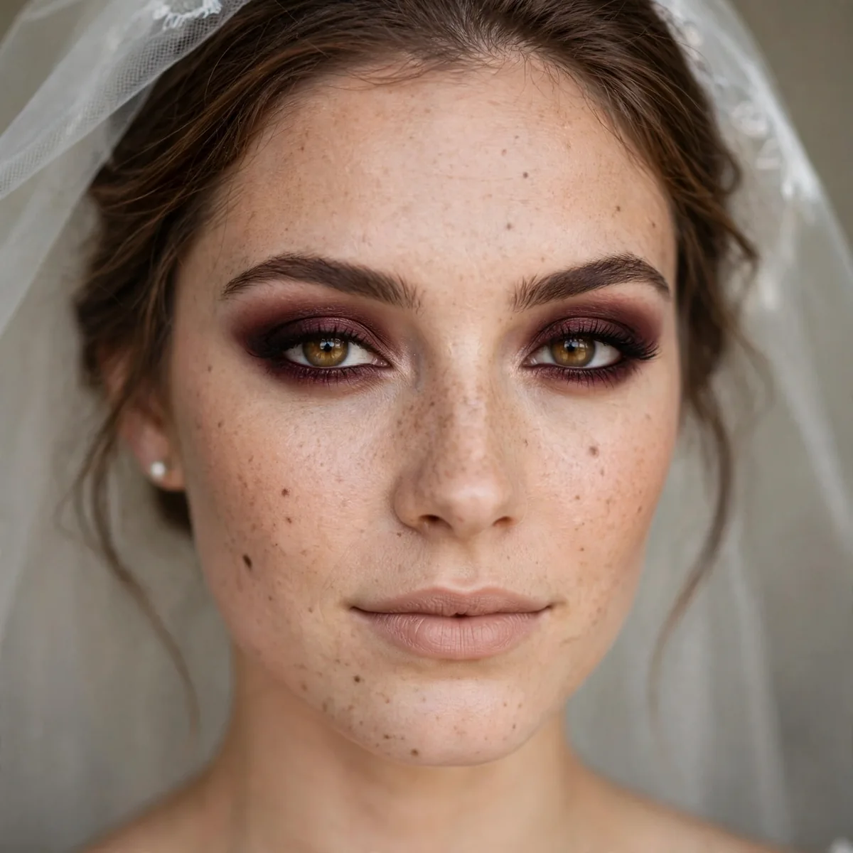 Bride with a burgundy smokey eye and barely-there nude lips