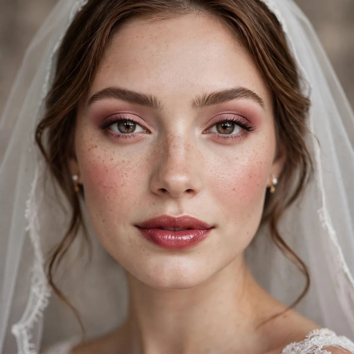 Bride wearing cranberry tones on eyes, cheeks and lips
