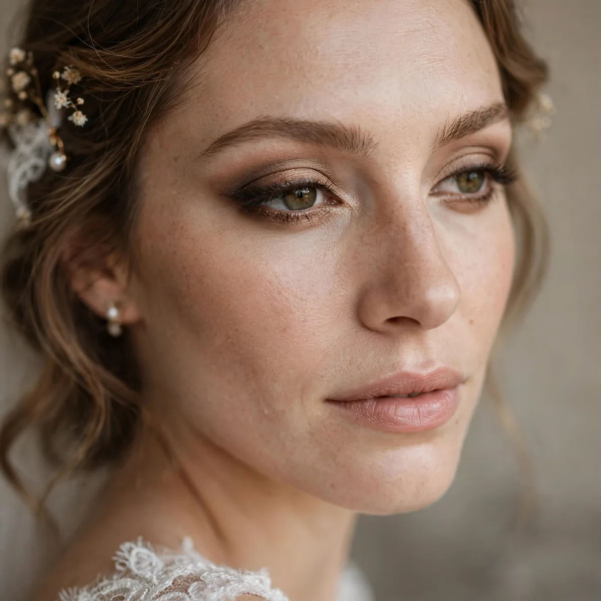Bride with smudged bronze eyeliner and neutral eyeshadow