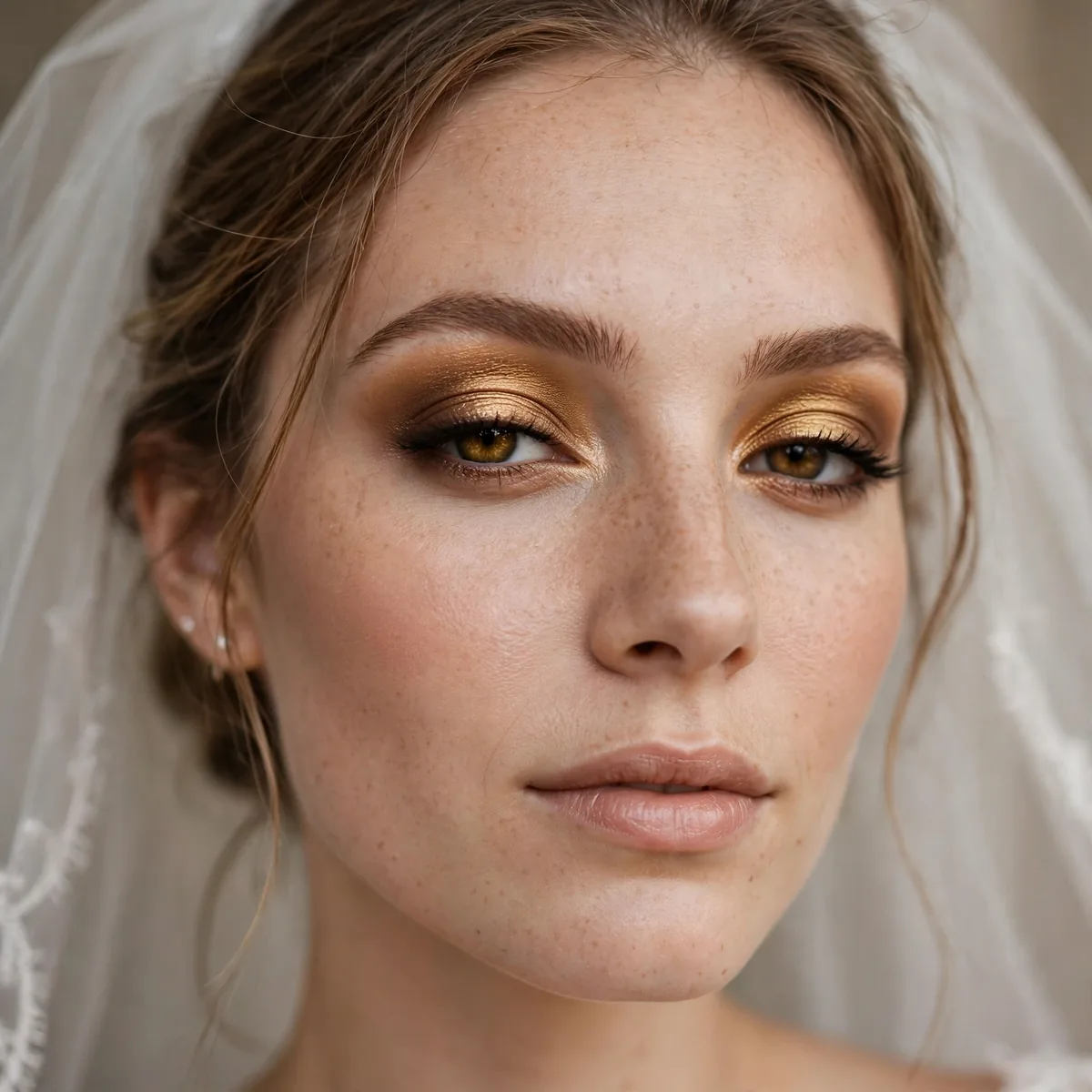 Bride with a golden bronze halo eyeshadow centered on the lid