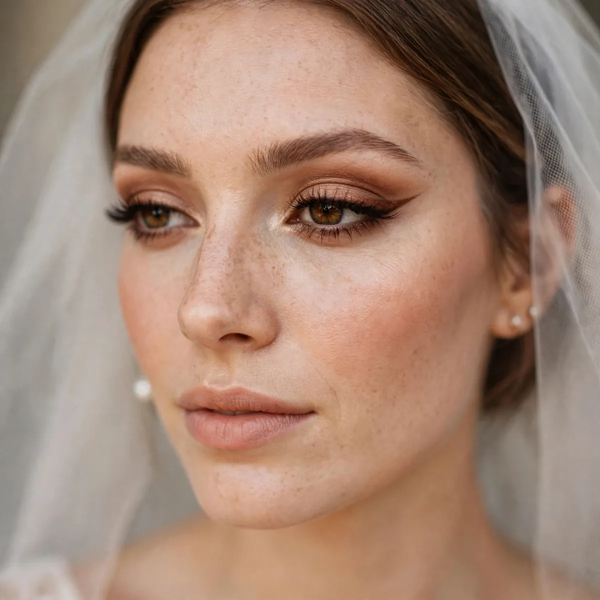 Bride with a winged eyeliner in warm ember brown tones