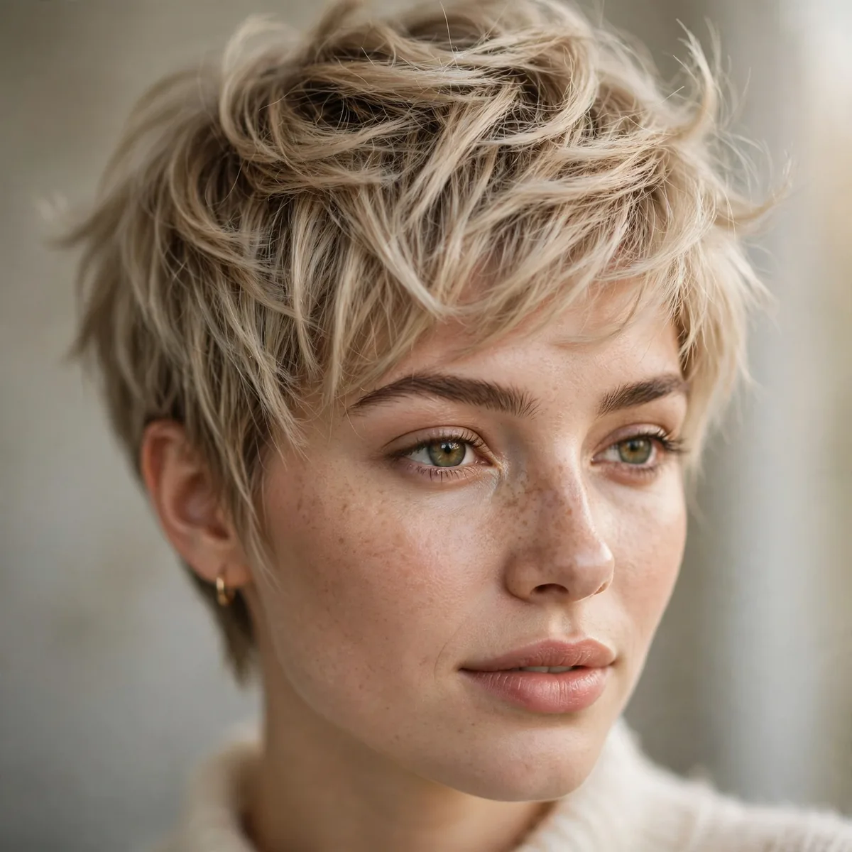 Feathered pixie haircut with soft texture