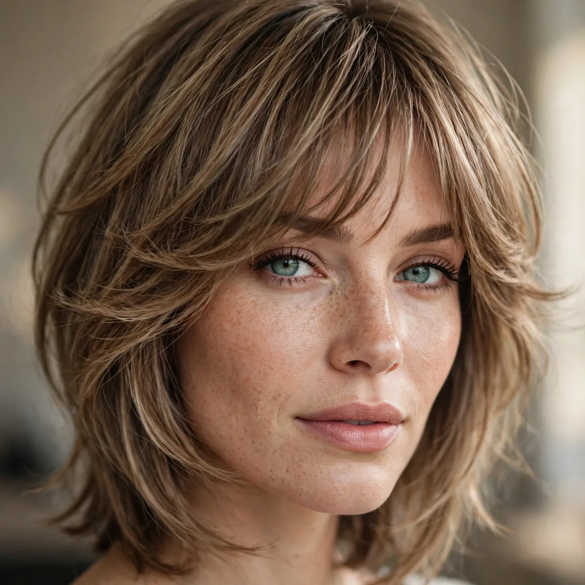 Feathered bangs with layered haircut