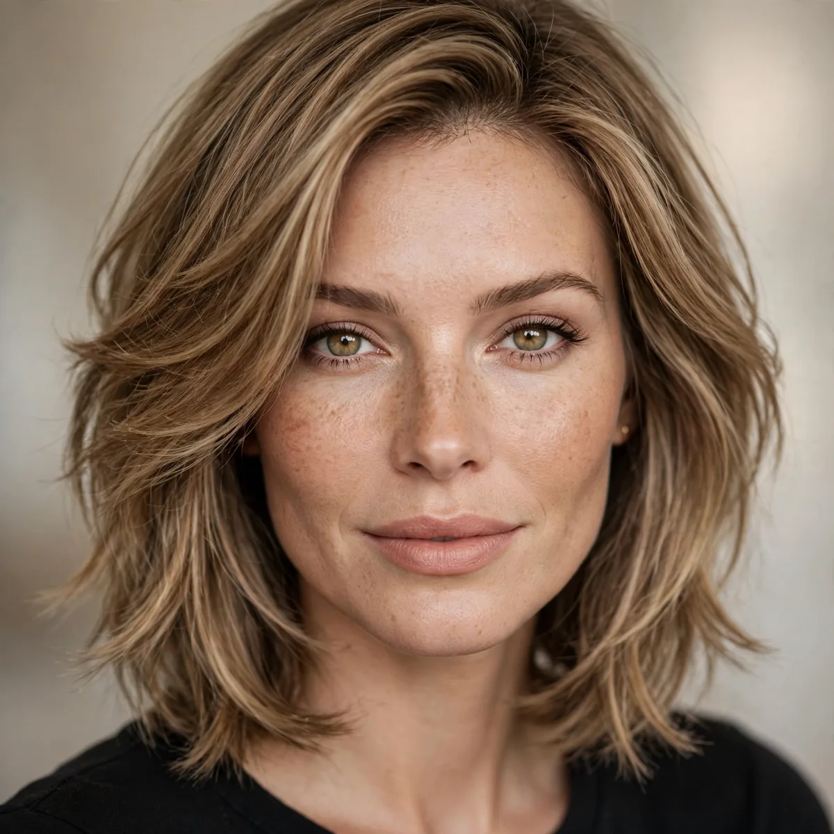 Shoulder-length feathered haircut