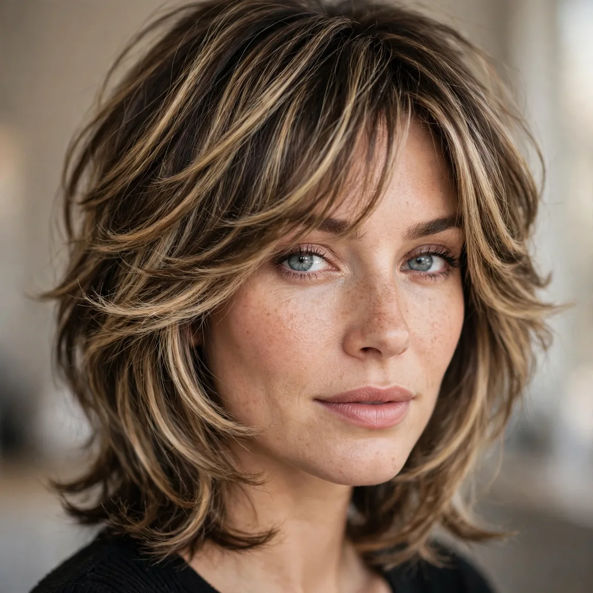 Feathered haircut with dimensional highlights