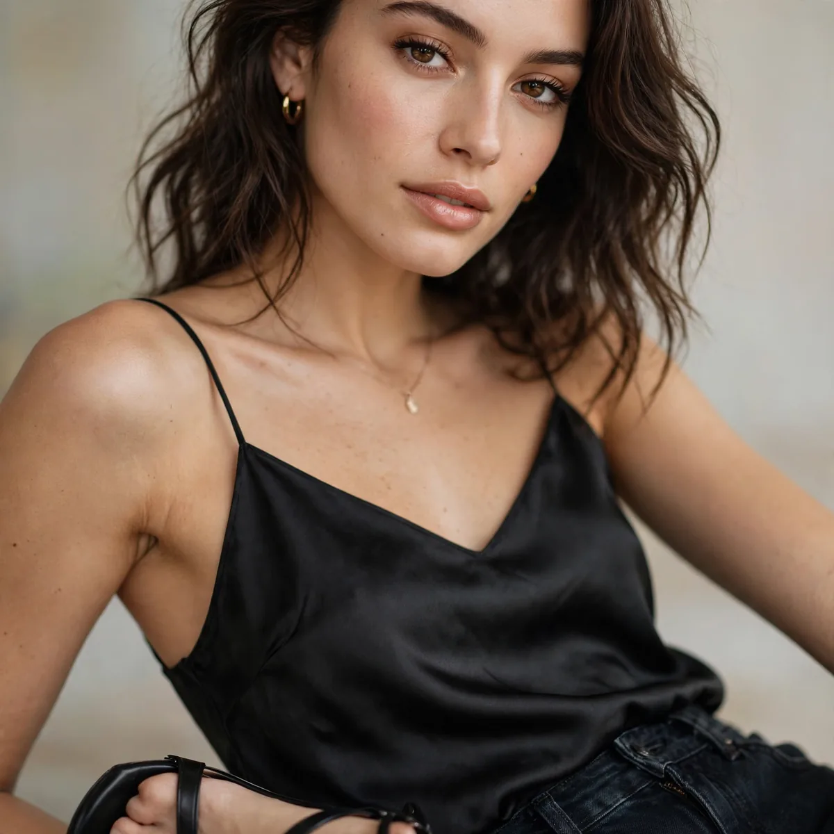 Silk camisole with dark jeans and heels