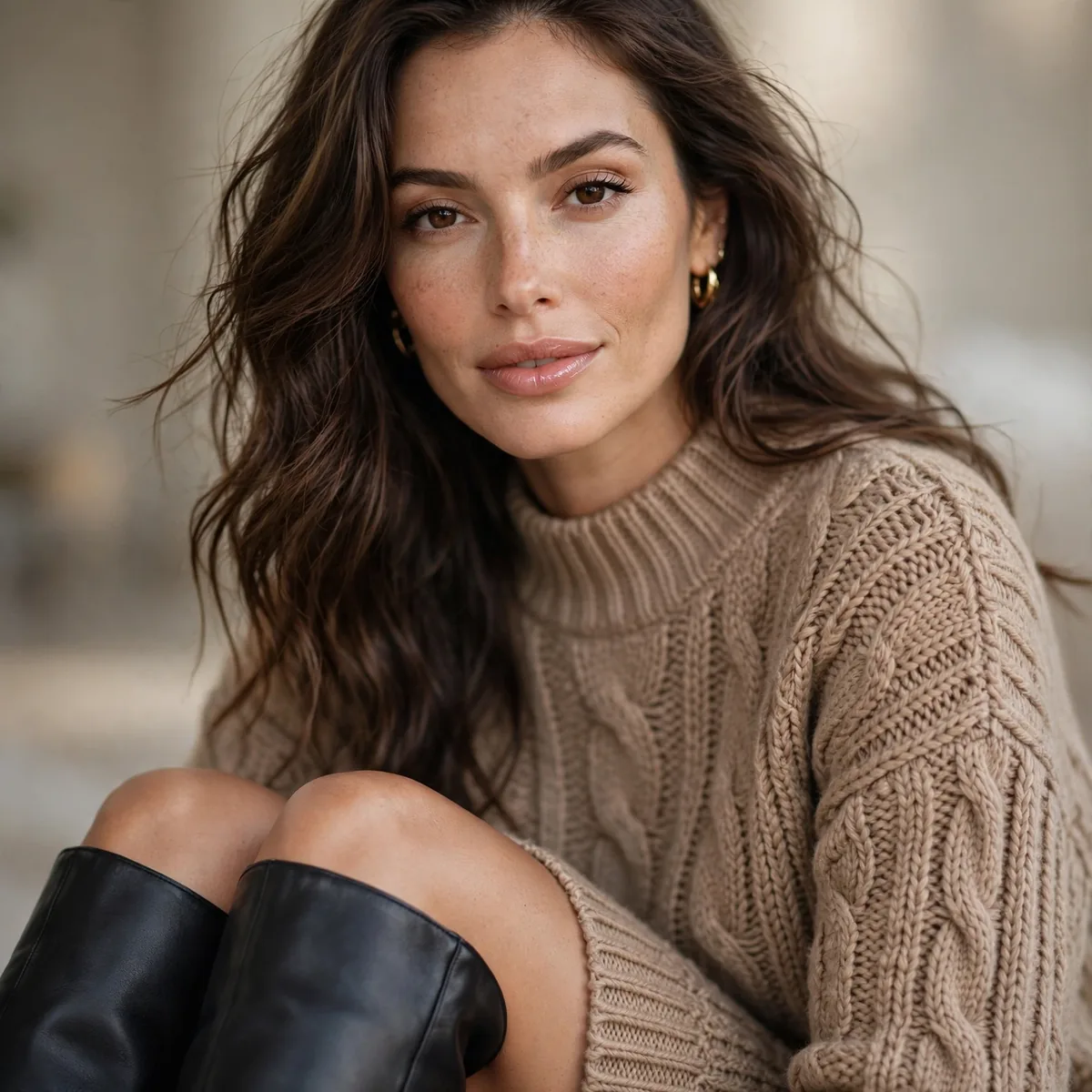 Knit sweater dress with knee high boots