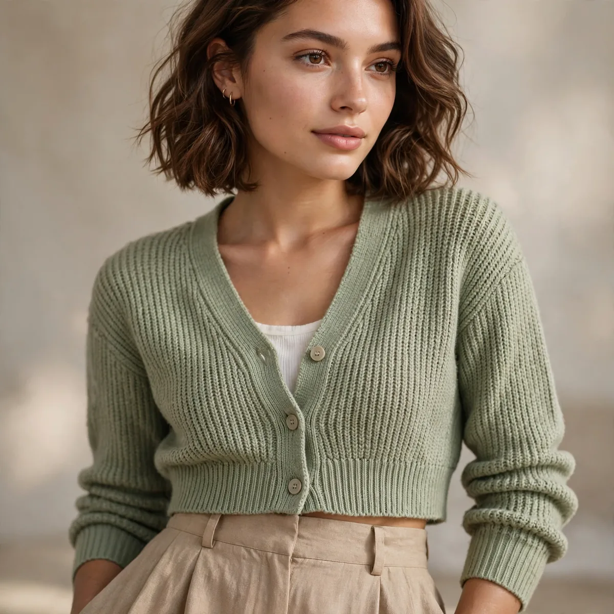 Wide leg trousers with cropped cardigan