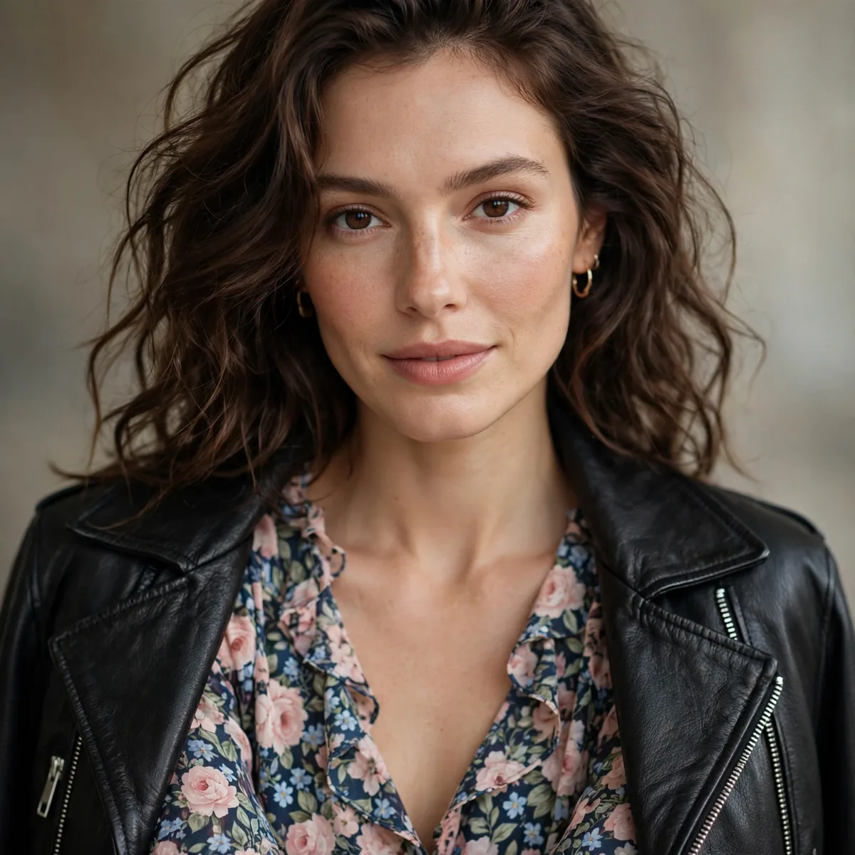 Leather jacket over floral midi dress