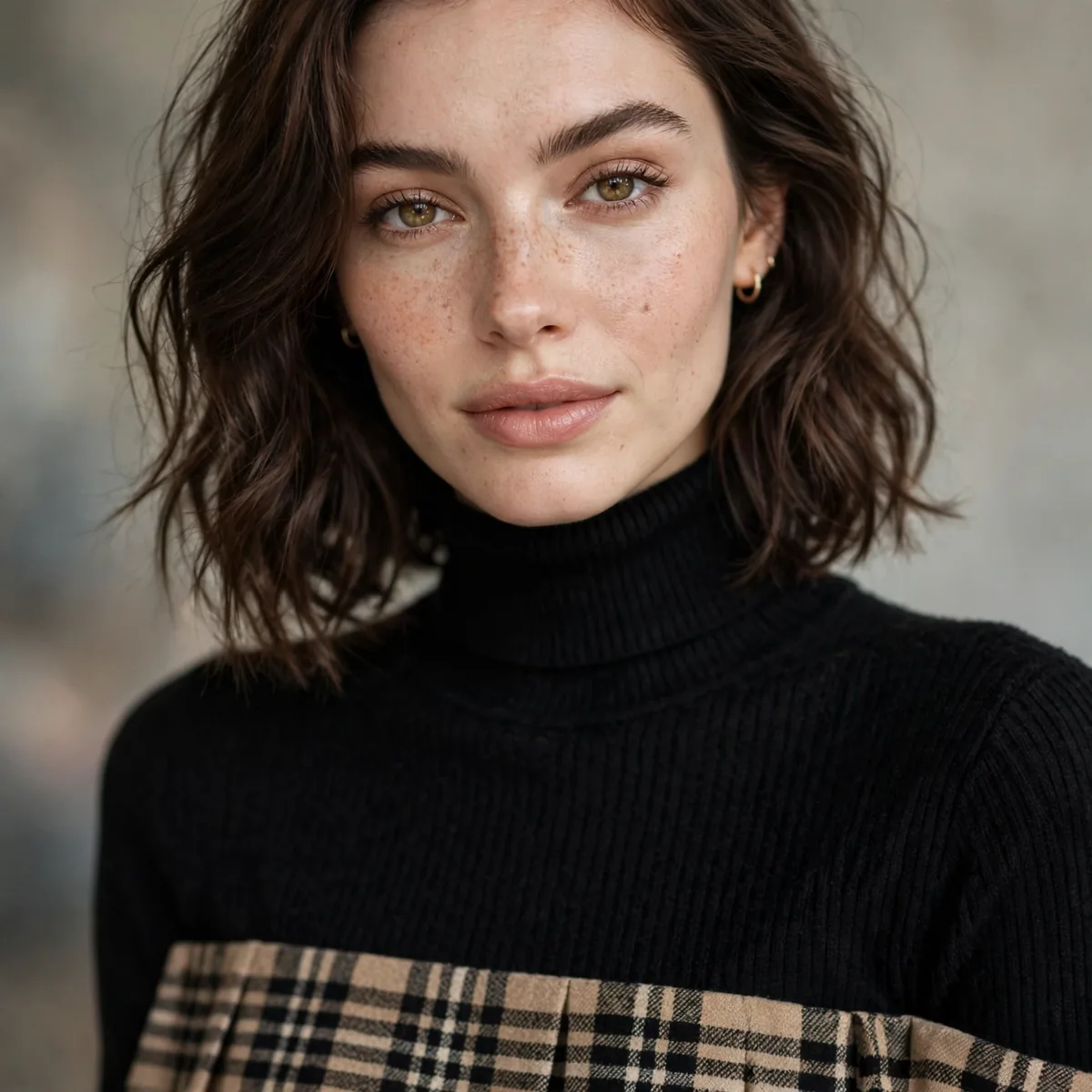 Black turtleneck with plaid mini skirt