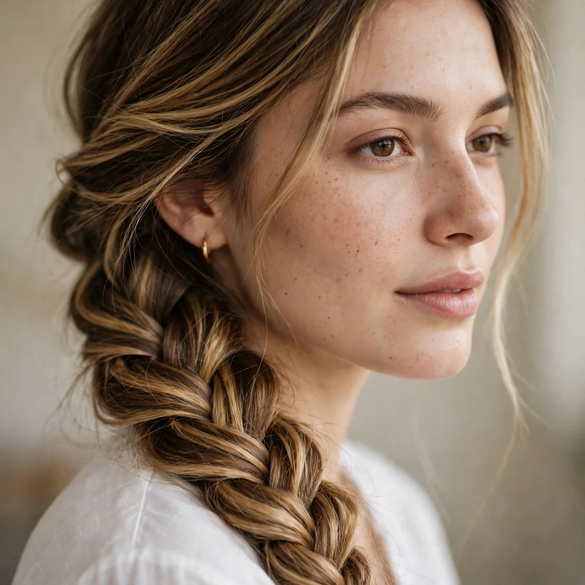Fishtail braid swept over one shoulder