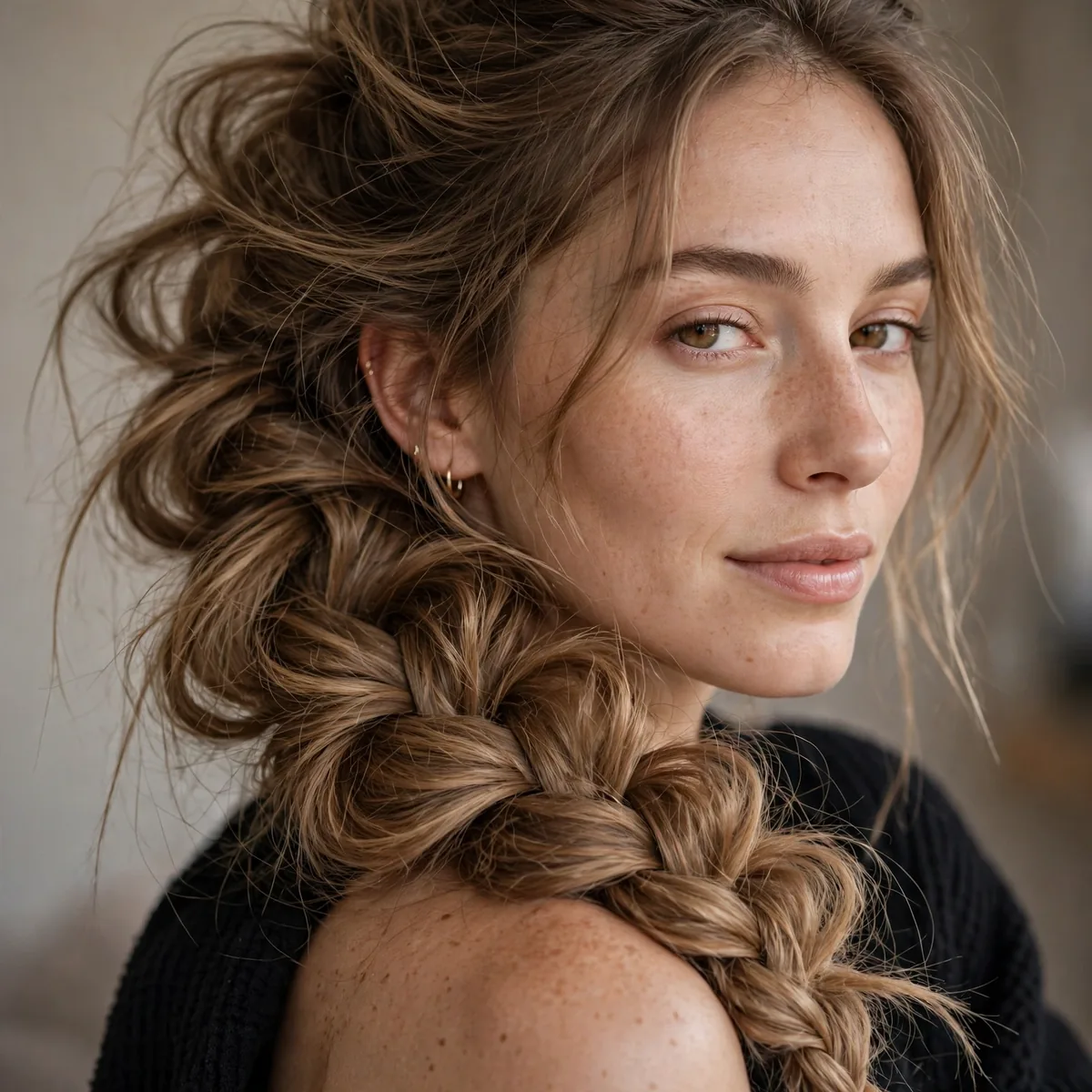 Loose pancaked fishtail braid with volume