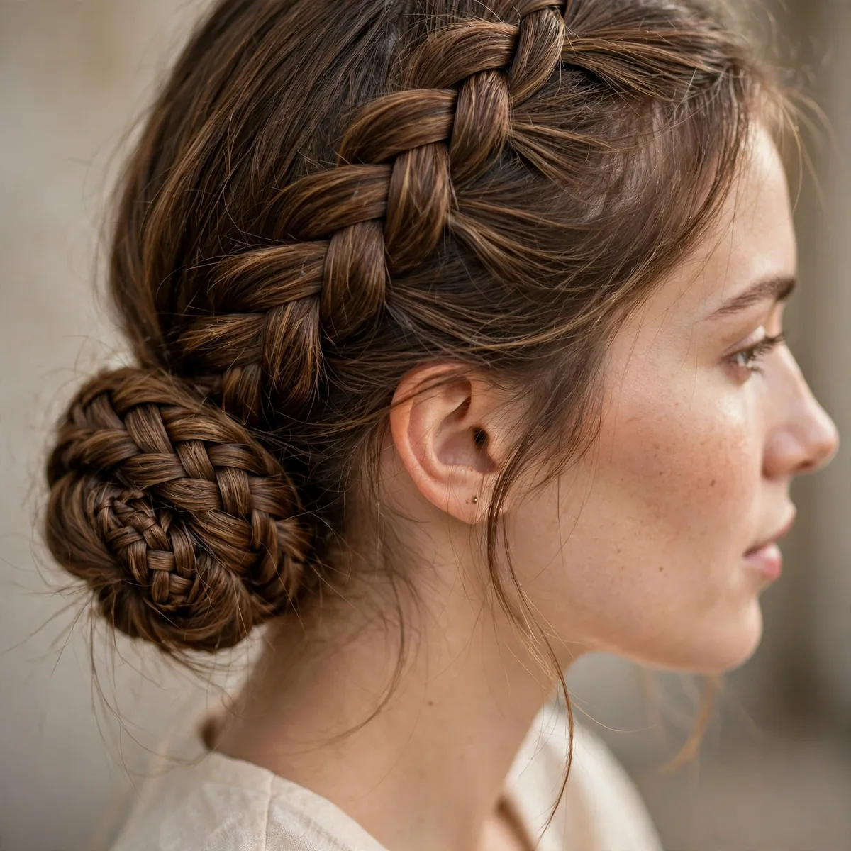 Fishtail braid coiled into a low bun