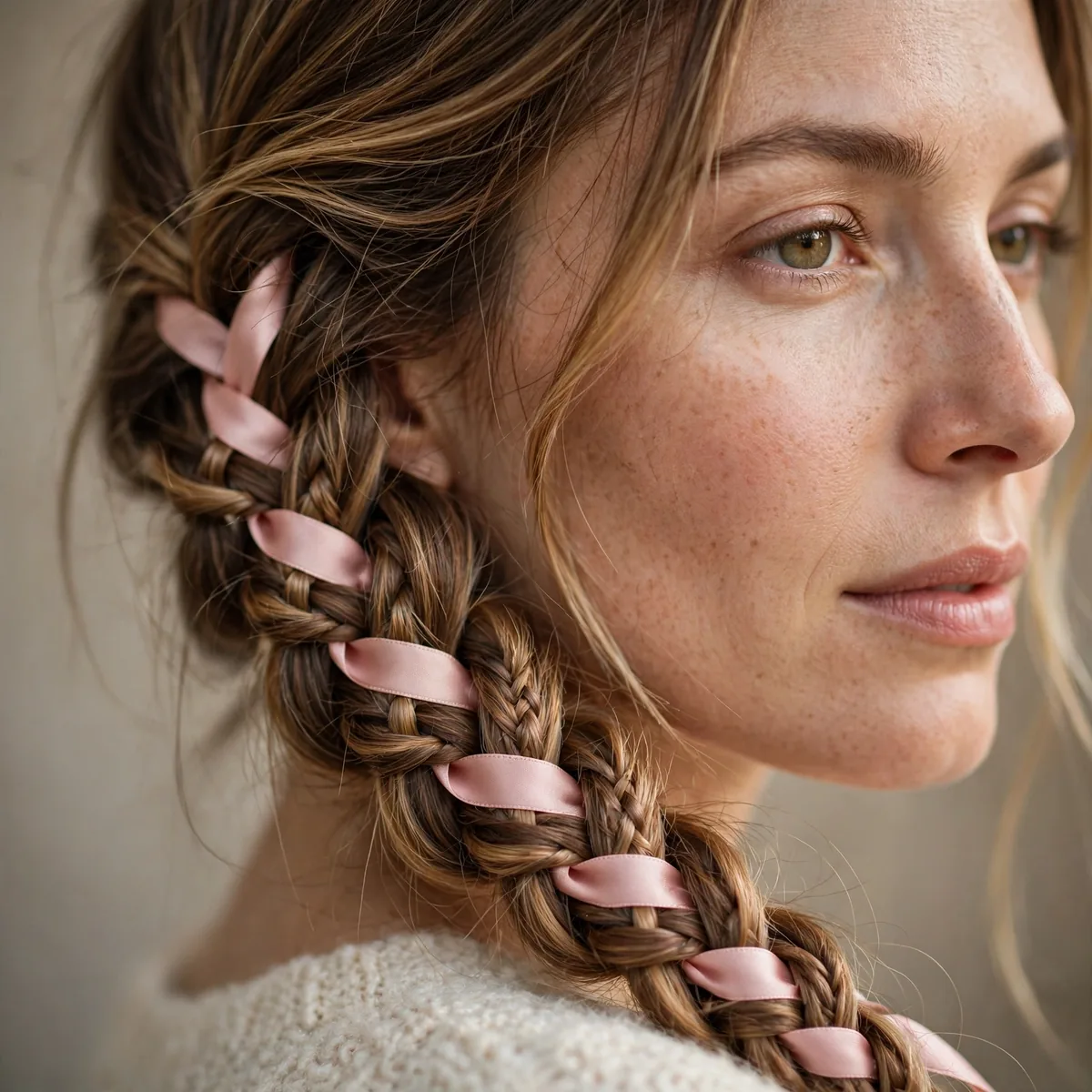 Fishtail braid with ribbon woven through