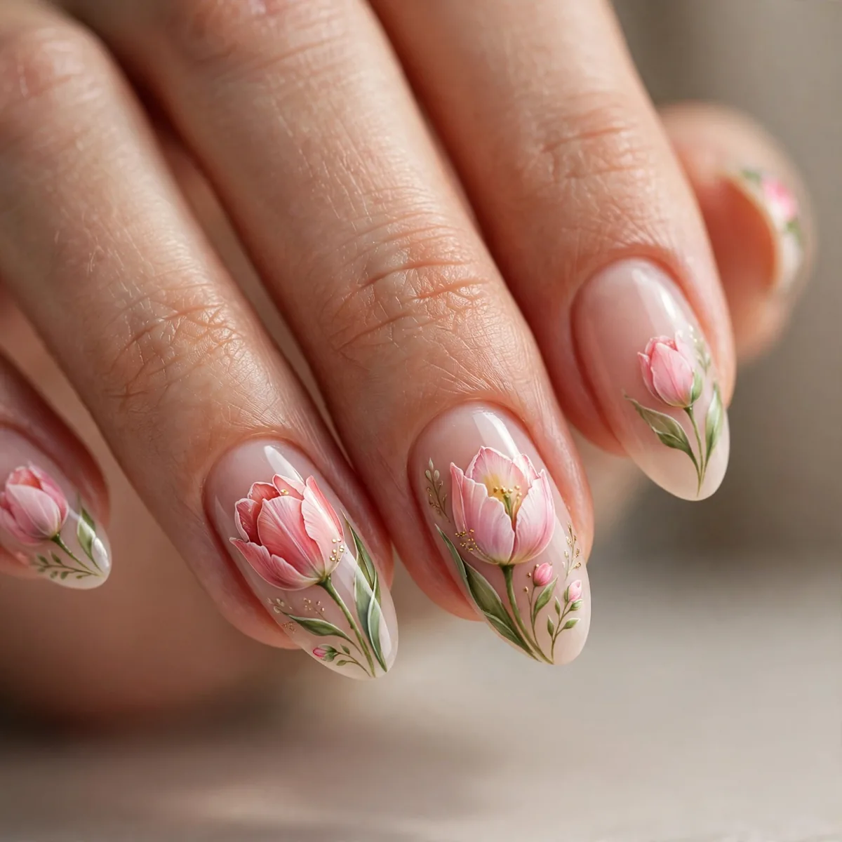 Tulip bloom nail art detail