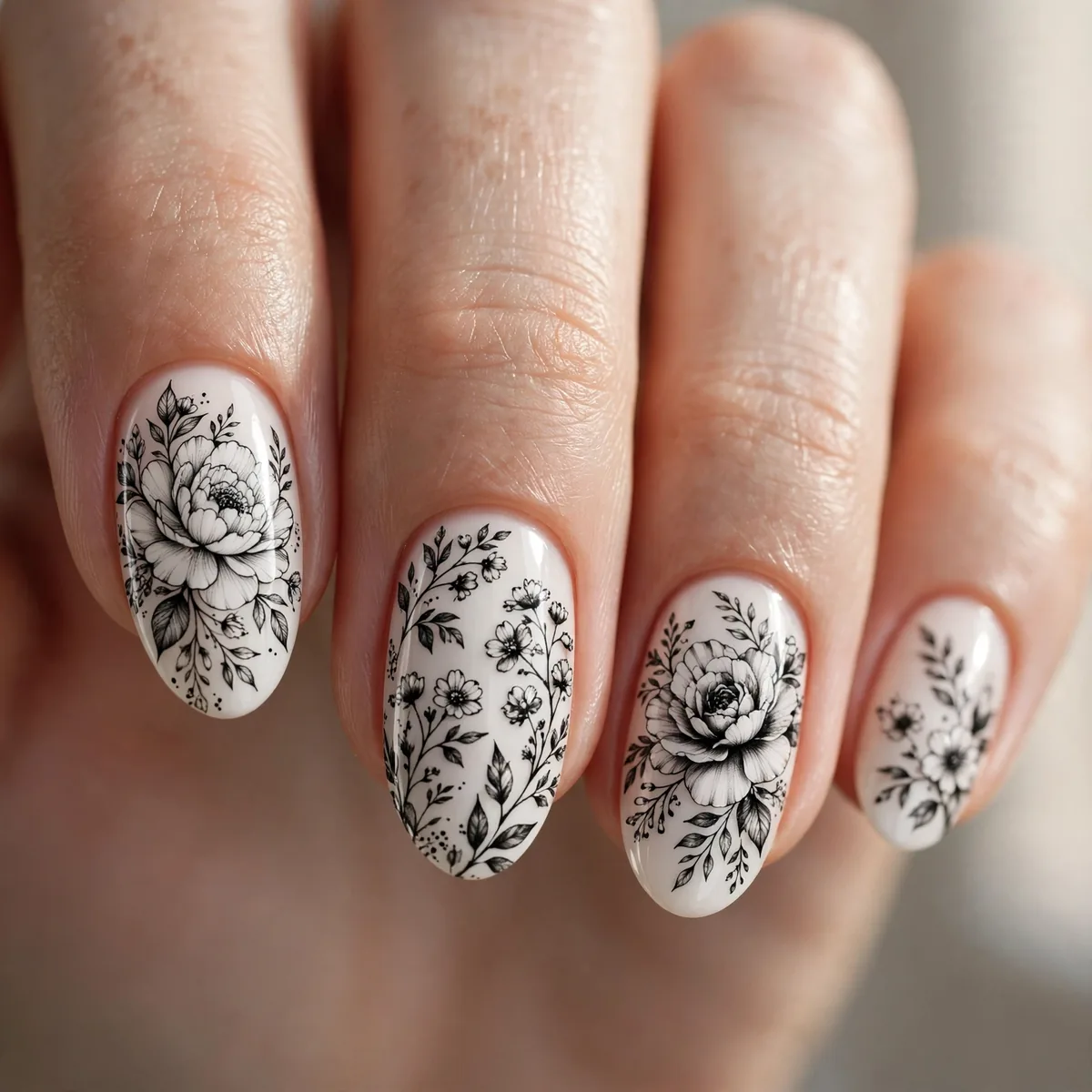 Monochrome floral nail art