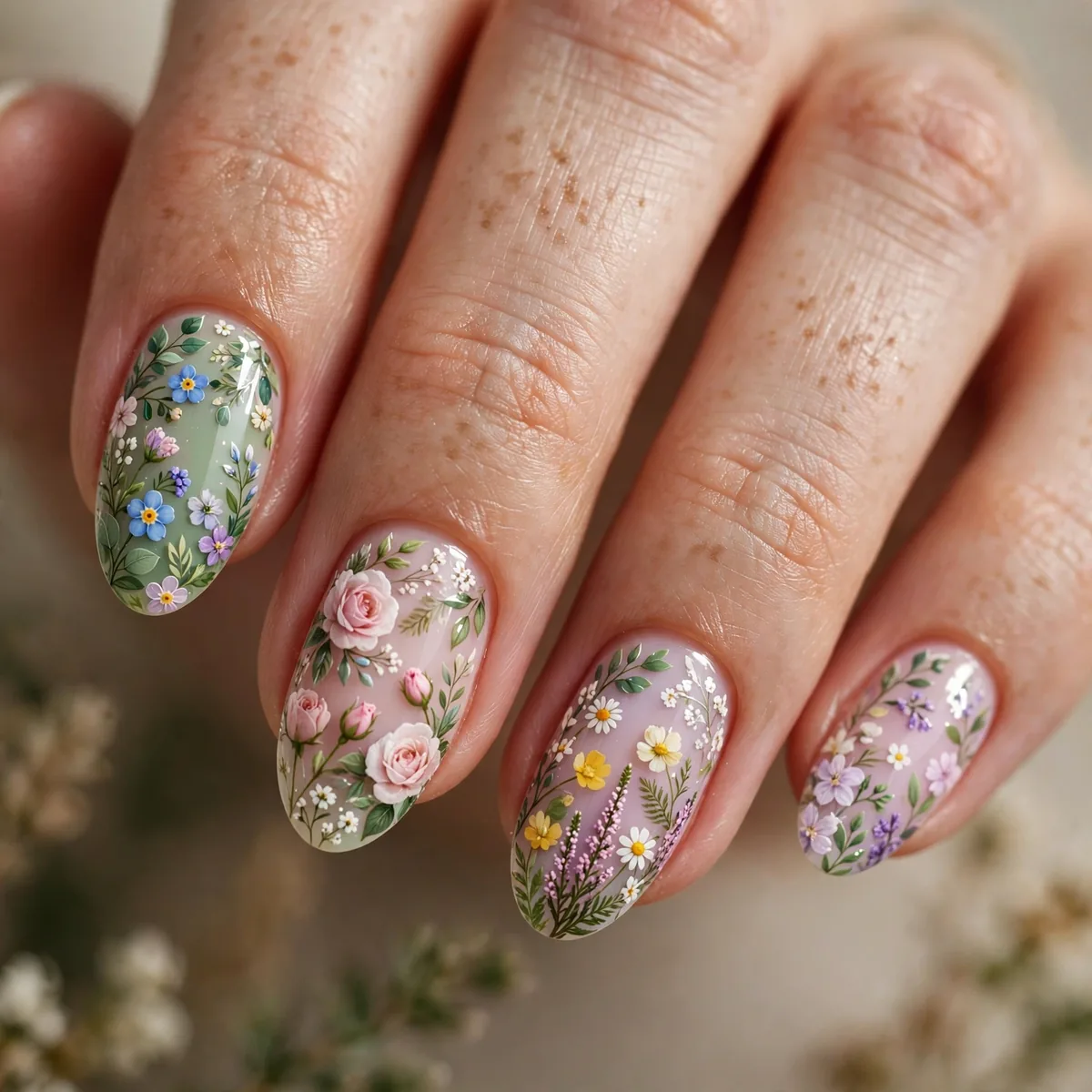 Mixed garden floral nail design