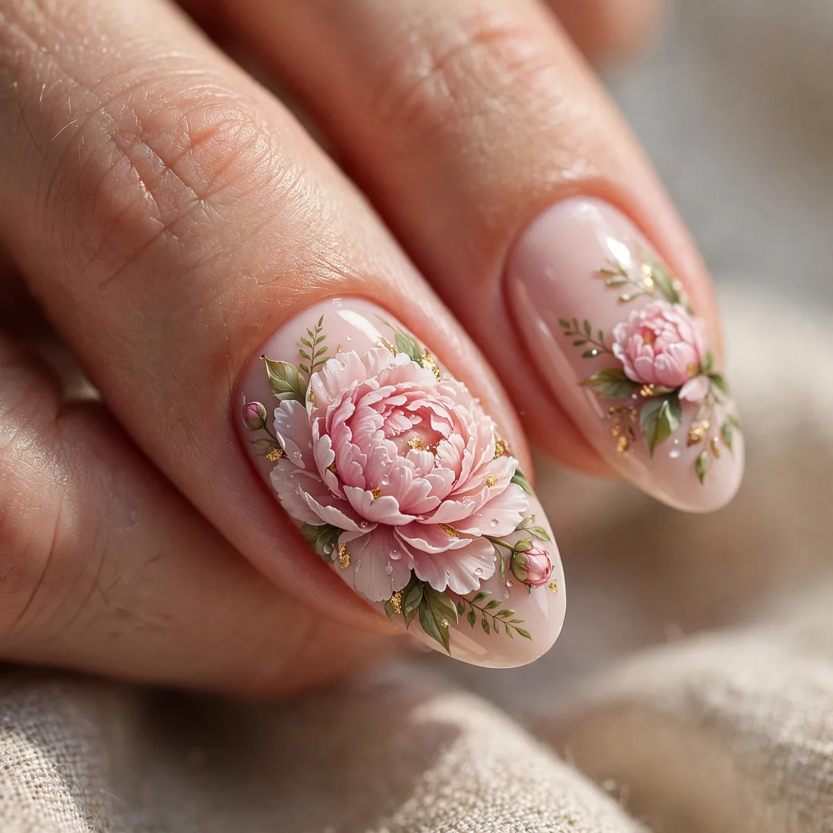 Lush peony nail art detail