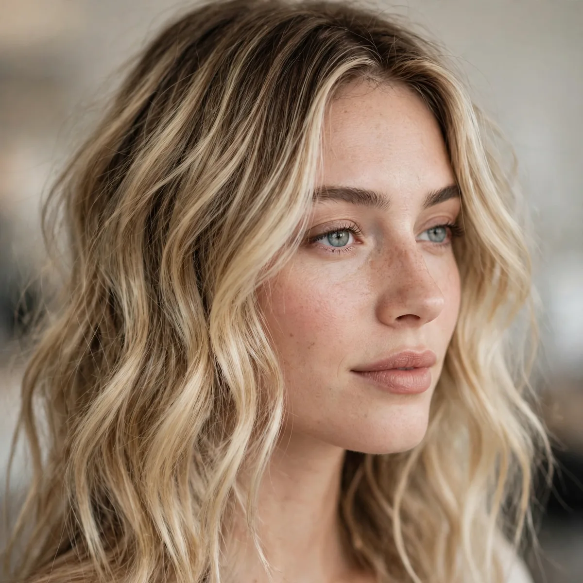 Lived-in blonde foilayage with soft roots