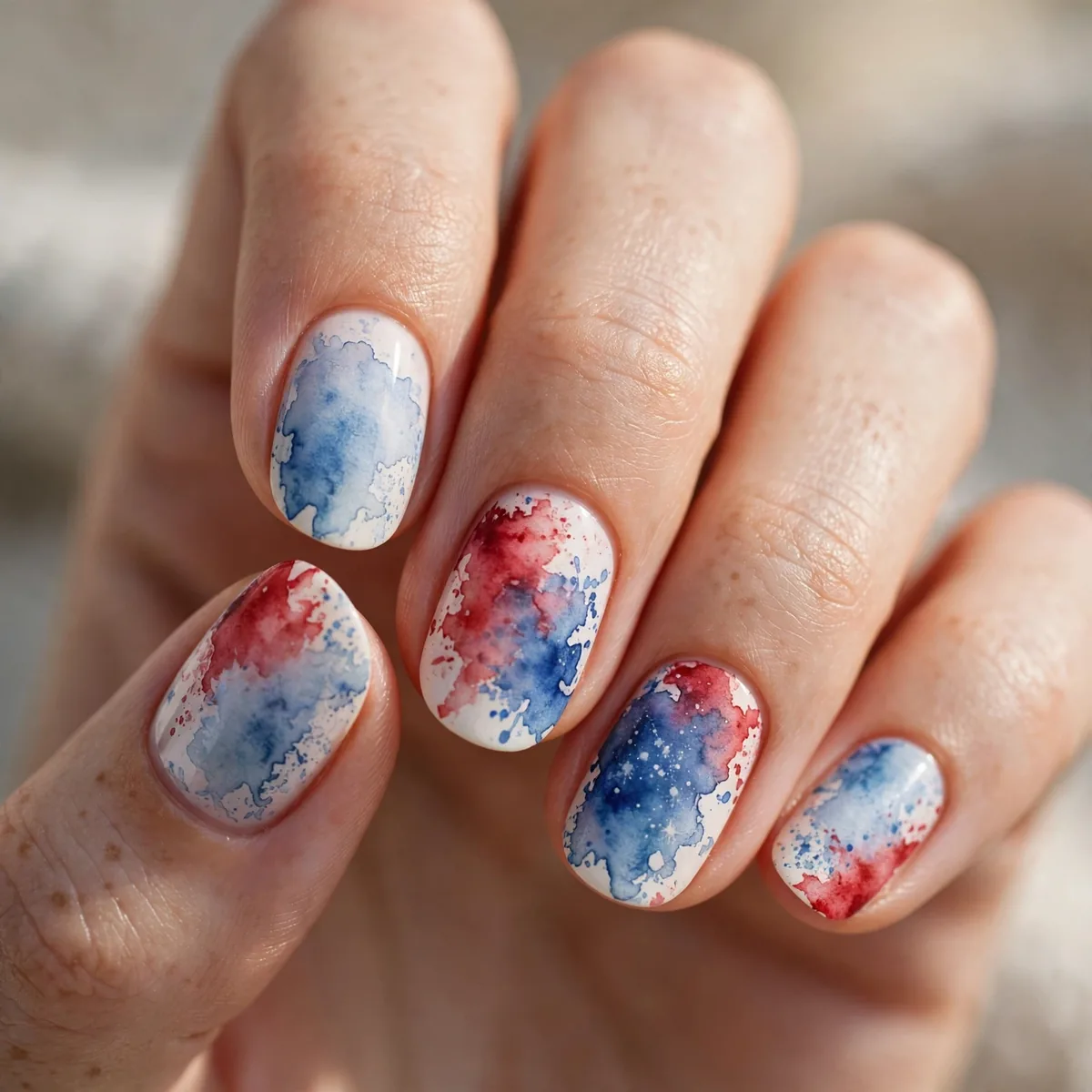 Watercolor red blue fourth of july nails